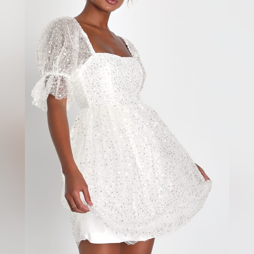 Lulu's Magic Sparkle White Beaded Sequin Puff Sleeve Mini Dress NWOT